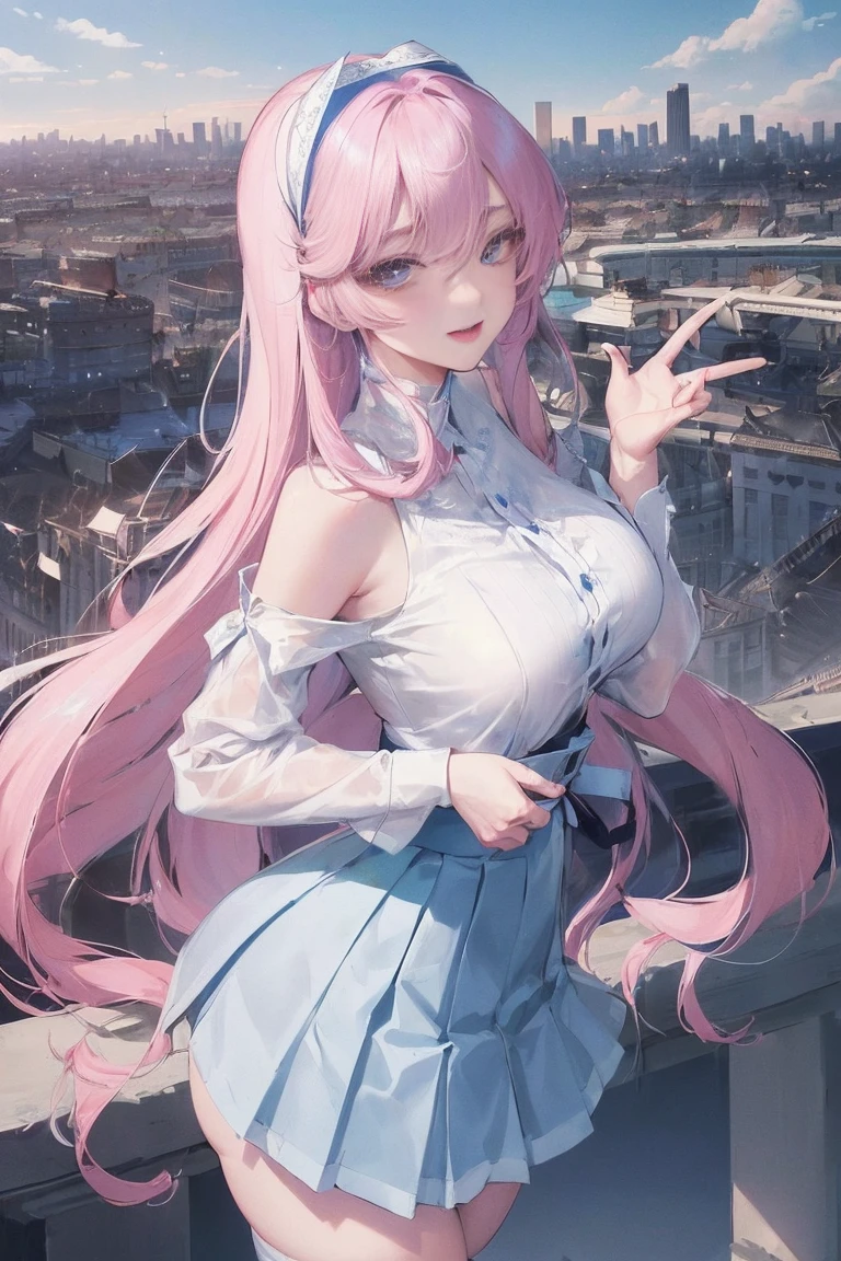 official art, masterpiece, sharp focus, (Beautiful gorgeous lovely Korean women:1.3), (beautiful and cute korean:1.3), Korean beauty, exquisite beautiful hair、eyes and face, actual, Super detailed, beautiful girl, blue sky, Luminous white particles, (side light:1.2), sunshine, Baiyun, Detailed cloud, thin and long, Lovely big breasts and big butt, smile with teeth, ((smile with eyes, open your eyes)), landscape, long, straight hair, sexy facial expression, architecture, (city View:1.7), dynamic hair, long, straight hair, Detailed platinum pink hair, Glowing blue eyes, (blue pleated shirt + white skirt), white stockings, pale skin, hair accessories, epic landscape,Nice butt,。The skirt was lifted。