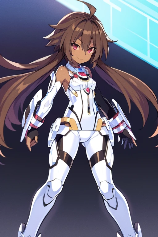 Masterpiece, highly detailed, ultra quality, ultra high .res, amazing quality, superior quality, glowing, shine, xenosaga, Hyperdimension Neptunia white heart, no game no life, flat chested, (male), (9 year old boy), otokonoko, (((Dark skin))), cute, big innocent ruby red eye's, (dark brown hair), black exosuit, black elbow gloves, white gauntlets, ((black fullbody powersuit)), white mecha thigh armoured attachment, black pants leggings, zoom in, close up, pose, adorable smile,