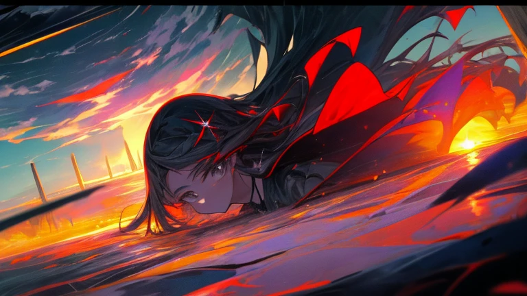 Une fille, gros plan visage,Détailler,meilleur qualités,8k,ajustement éclairage coucher de soleil, reflètent Détailler, ombre de la fille dans le reflets du soleil,surréaliste, montagne noir, ombre du soleil,demon,sublime,froid,chaud,gris,brume,vapeur,tornade, dans la tornade le reflet de la fille tout en noir, avec des feuilles devant la tornades, nuage gris, coucher de soleil,double face, imagination surnaturelle, yeux cristallisée gros plan visage,Détailler cheveux blanc,profil,double face, moisissures,noir,sombre,ombre, reflet blanc, reflet noir, reflet  ensoleillé, reflet tornade,vent, cheveux qui bouge, anime,éclair,géante éclair  qui tombe à coter de la fille,projection des étincelant  sur la fille,reflettement du soleil dans les yeux, visage detailler au maximums,éclairage rouge au niveau des yeux,réaliste,visage detailler cheveux detailler (blanc),fusion,peinture sombre.