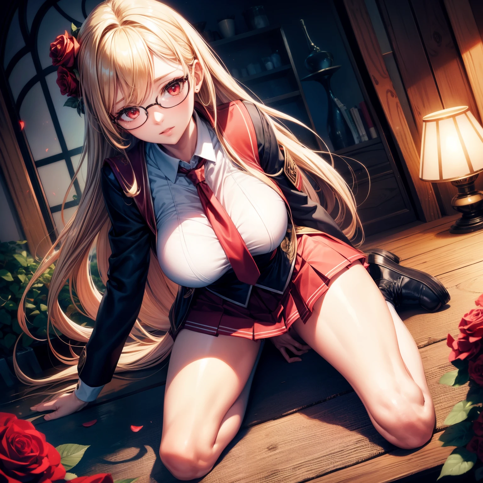 (8K, highest work, super Detail, ultra fine, cg, highest quality, realistic, natural), full body shot, Rose, Rose, Tall girl, game cg, blonde hair, red eyes, (sexy body), Peach Garden, beautiful Garden, sexy girl, very long hair, black rimmed glasses, silk student uniform, very beautiful pattern, Beautiful sexy student uniform, detailed black top, red tie, mini skirt, with lots of accessories, open breasts, beautiful patterns, bare legs, big breasts, long legs