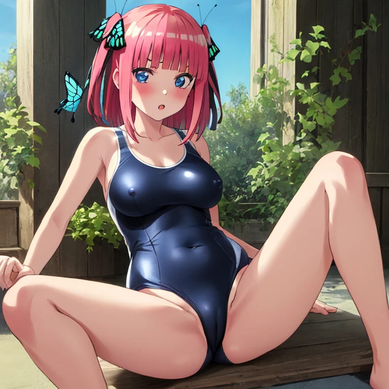 masterpiece, best quality, ultra detailed, best illustration, nsfw, 1girl, one-piece swimsuit, nakano nino, bangs, pink_hair, blunt_bangs, butterfly hair ornament, blue eyes