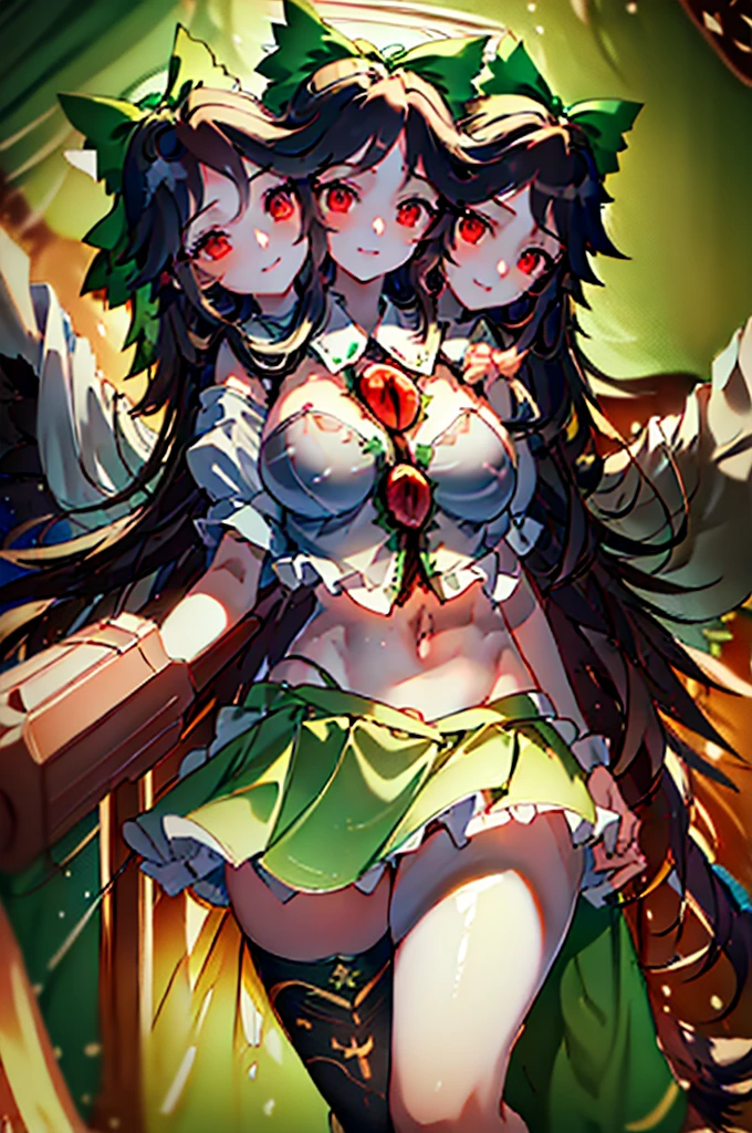 (masterpiece, best quality),best quality, (ultra-detailed), (3heads:1.5), 1girl, (reiuji utsuho:1.3), masterpiece, best quality, white top, crop top, ((stomach)), midriff, ((groin)), dark green skirt, normal ears, shackles, black hair, very long hair, wavy hair, sidelocks, red eyes, detailed eyes, parted lips, single horn, sweat, cute, toned belly, hand on own chest, eyelashes, (23 year old woman:1.3), (masterpiece:1.5), (best quality:1.5), (beautiful detailed), extremely detailed CG, extremely delicate and beautiful, depth of field, (finely detailed face), (perfect details:1.2), (mature female:1.3), wide pelvis, slender, large veiny breast, 8k resolution, high quality, high definition, extremely detailed, masterpiece, best quality, black hair, long hair, alluring presence, braid, short skirt, close up, big tits, young, green bow, hair bow, wings,