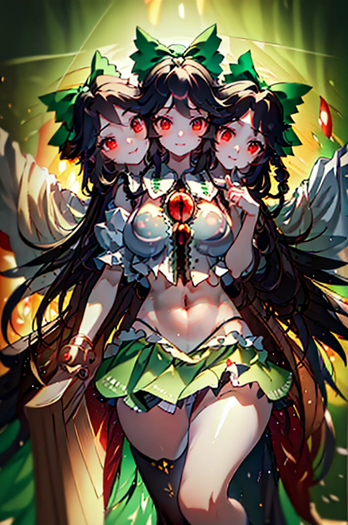 (masterpiece, best quality),best quality, (ultra-detailed), (3heads:1.5), 1girl, (reiuji utsuho:1.3), masterpiece, best quality, white top, crop top, ((stomach)), midriff, ((groin)), dark green skirt, normal ears, shackles, black hair, very long hair, wavy hair, sidelocks, red eyes, detailed eyes, parted lips, single horn, sweat, cute, toned belly, hand on own chest, eyelashes, (23 year old woman:1.3), (masterpiece:1.5), (best quality:1.5), (beautiful detailed), extremely detailed CG, extremely delicate and beautiful, depth of field, (finely detailed face), (perfect details:1.2), (mature female:1.3), wide pelvis, slender, large veiny breast, 8k resolution, high quality, high definition, extremely detailed, masterpiece, best quality, black hair, long hair, alluring presence, braid, short skirt, close up, big tits, young, green bow, hair bow, wings,