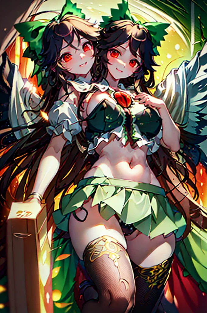 (masterpiece, best quality),best quality, (ultra-detailed), (3heads:1.5), 1girl, (reiuji utsuho:1.3), masterpiece, best quality, white top, crop top, ((stomach)), midriff, ((groin)), dark green skirt, normal ears, shackles, black hair, very long hair, wavy hair, sidelocks, red eyes, detailed eyes, parted lips, single horn, sweat, cute, toned belly, hand on own chest, eyelashes, (23 year old woman:1.3), (masterpiece:1.5), (best quality:1.5), (beautiful detailed), extremely detailed CG, extremely delicate and beautiful, depth of field, (finely detailed face), (perfect details:1.2), (mature female:1.3), wide pelvis, slender, large veiny breast, 8k resolution, high quality, high definition, extremely detailed, masterpiece, best quality, black hair, long hair, alluring presence, braid, short skirt, close up, big tits, young, green bow, hair bow, wings,