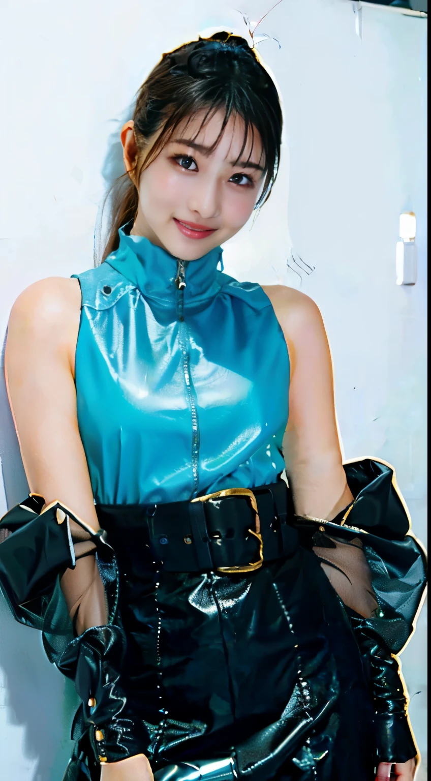 lolita, smile, 20-year-old, ((highest quality)), ((masterpiece)), (High resolution:1.3), ..3D, beautiful (cyber punk:1.3), Stylish woman, watch camera black leather clothing, sleeveless, embarrassing, invisible waist skin, Blue-black leather pants, silver zipper,Belt under the waist,super fine illustration,blonde hair , amount, silver zipper in the middle, leather blue black body, with sleeves: Blue Black, shiny, blonde hair ponytail