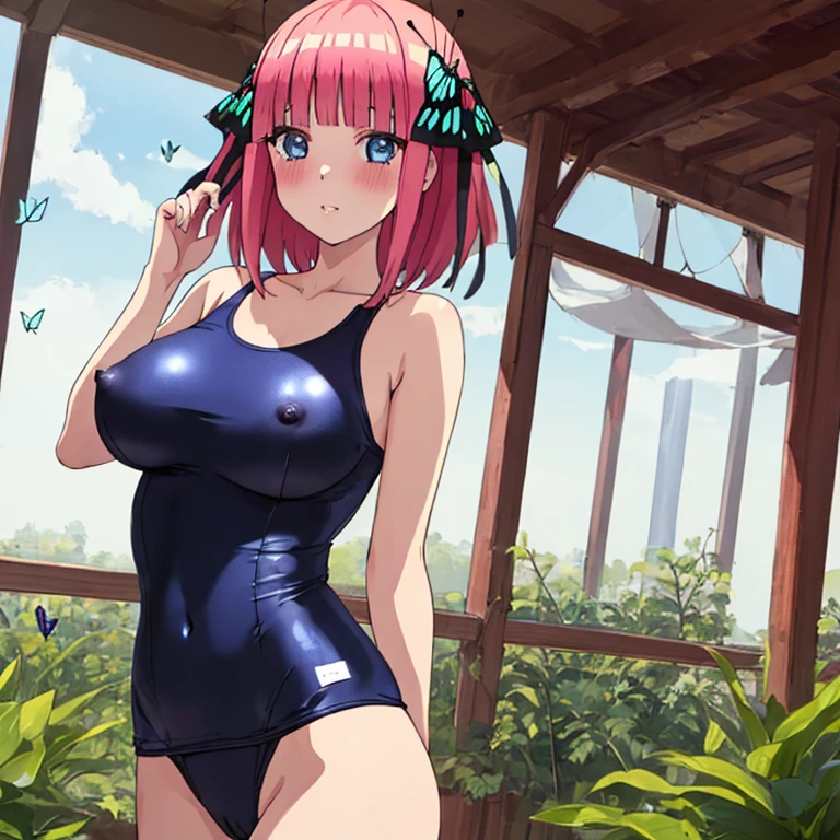 masterpiece, best quality, ultra detailed, best illustration, nsfw, 1girl, one-piece swimsuit, nakano nino, bangs, pink_hair, blunt_bangs, butterfly hair ornament, blue eyes