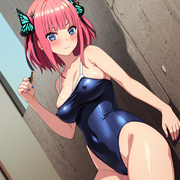 masterpiece, best quality, ultra detailed, best illustration, nsfw, 1girl, one-piece swimsuit, nakano nino, bangs, pink_hair, blunt_bangs, butterfly hair ornament, blue eyes