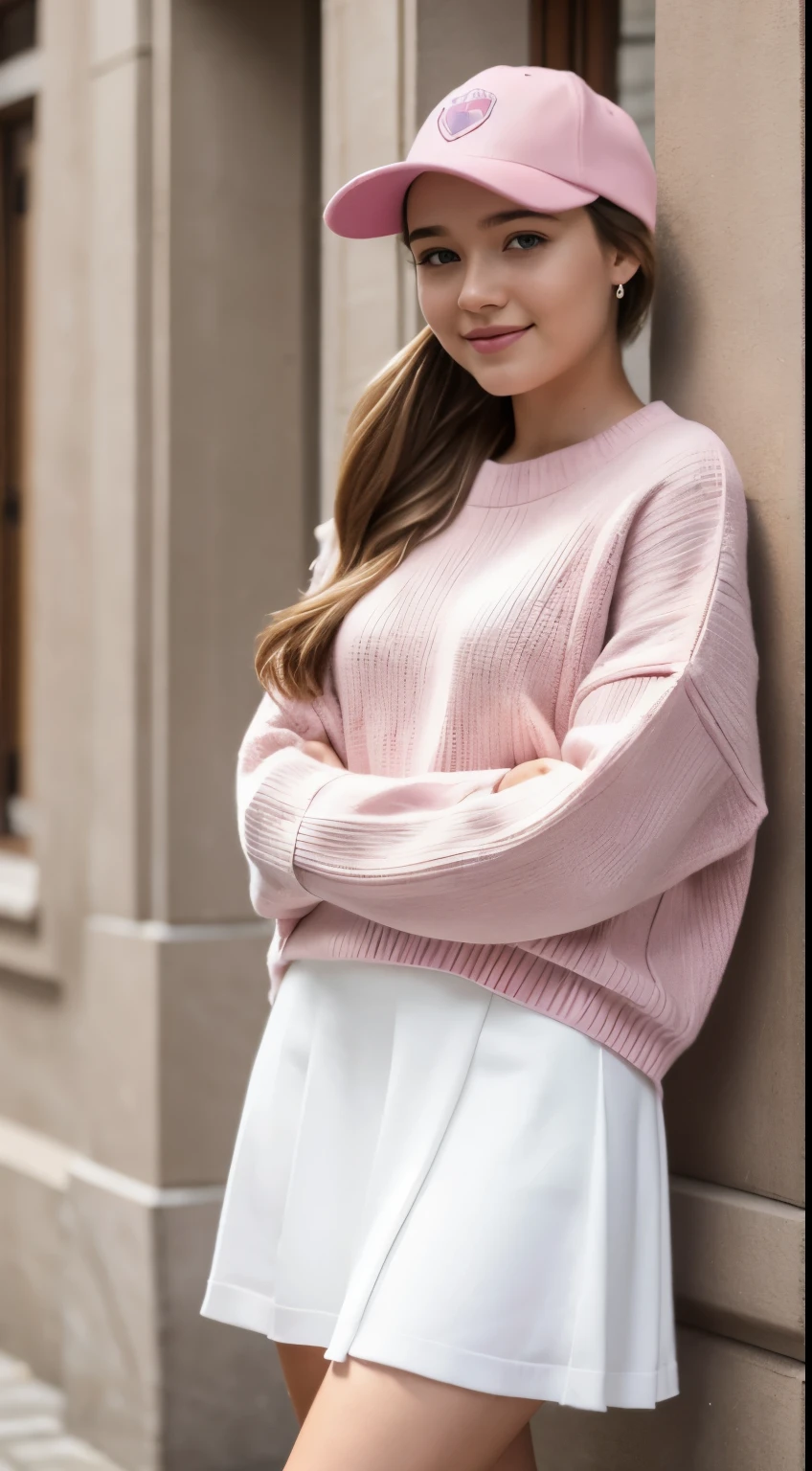 Foto hiperrealista en primer plano de Willa Fitzgerald, masterpiece, best quality, (photorealistic:1.4), full body, (pink oversize oversize sweater:1.2), (white pencil midi midi skirt1.1), collage campus, pink trucker hat, cinematic light, beautiful woman, skinny, small breasts, straight brown pony tail hair, detailed face, smile, photo taken from a distance, age 20 tears old,