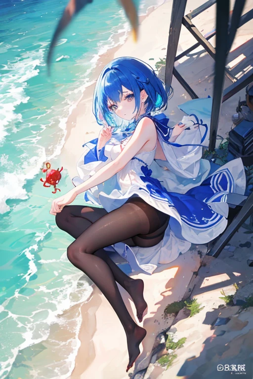 (actual),masterpiece,best quality,light,(Aerial view of the satellite),natural shadow,highest detail,Professional photography,Detailed background,depth of field,Crazy details,complex,aesthetic,Detailed faces,subsurface scattering,Aerial view of the satellite,1 busty girl,Full body female love,faint smile,charming,blue hair.aho colorful),shift dress,lie,wet,beautiful legs、Nice butt and long legs、(Surreal pantyhose:1.2) beach, Small crabs, water,