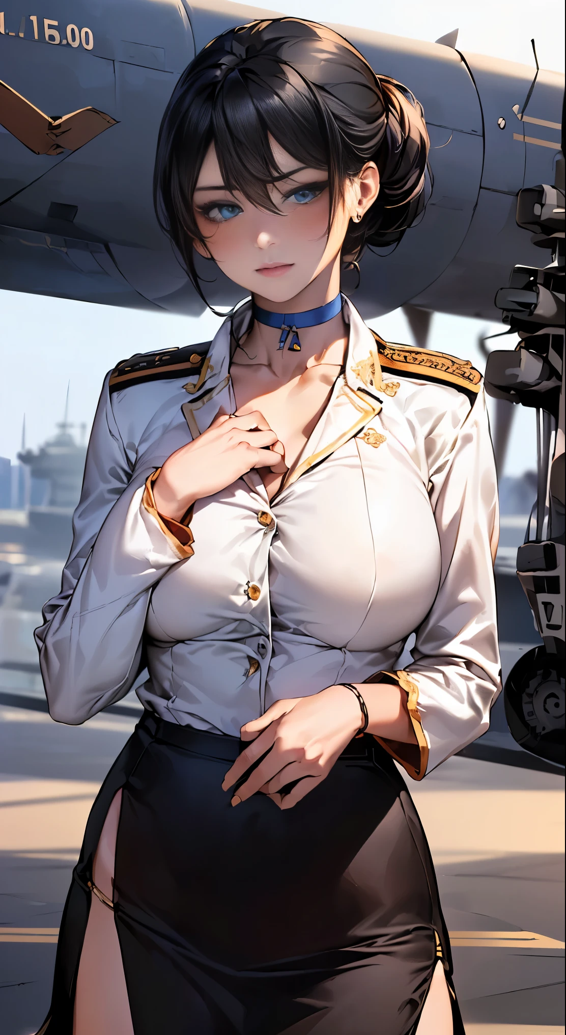 (masterpiece:1.2, highest quality), (realistic, photorealistic:1.4), beautiful illustrations,
looking at the viewer, whole body, Front view:0.6,
1 female, Japanese, ((black hair:1.5, chignon:1.4)), blown hair, bangs, hair between eyes, (big breasts, thin waist)
beautiful hair, beautiful face, beautiful and detailed eyes, (blue eyes:1.3), beautiful clavicle, beautiful body, beautiful breasts, beautiful thighs, beautiful feet, beautiful fingers,
(Deck of an aircraft carrier:1.4),
((Military Personnel, white military uniform:1.4, Class Chapter, Slit skirt, choker:1.6)), ((NFSW:1.3))
(Are standing, put your hand on your chest, hand between legs),
(glare at the viewer while blushing:1.3)