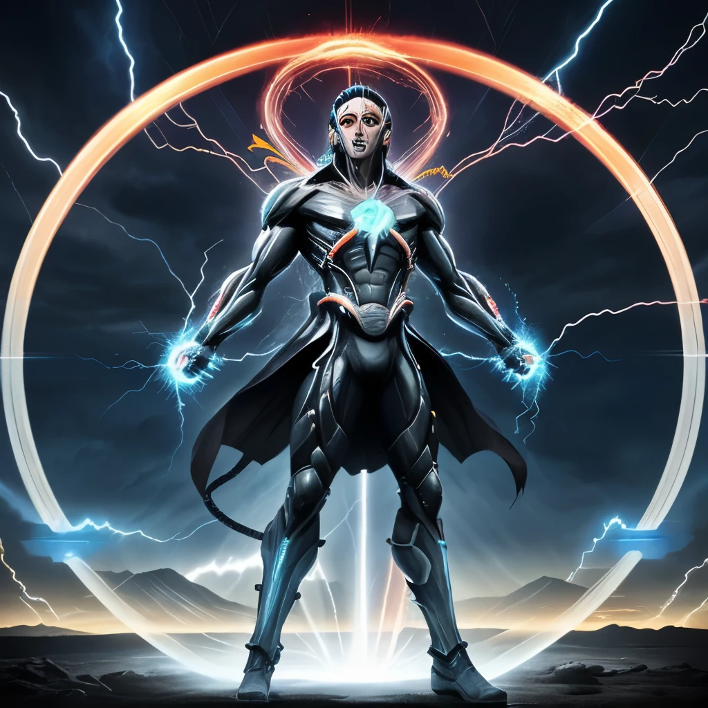 The artwork portrays Voltic Dynamo as a towering, electrified guardian with lightning arcs that seem to dance around it, emanating an aura of power and protection. Male