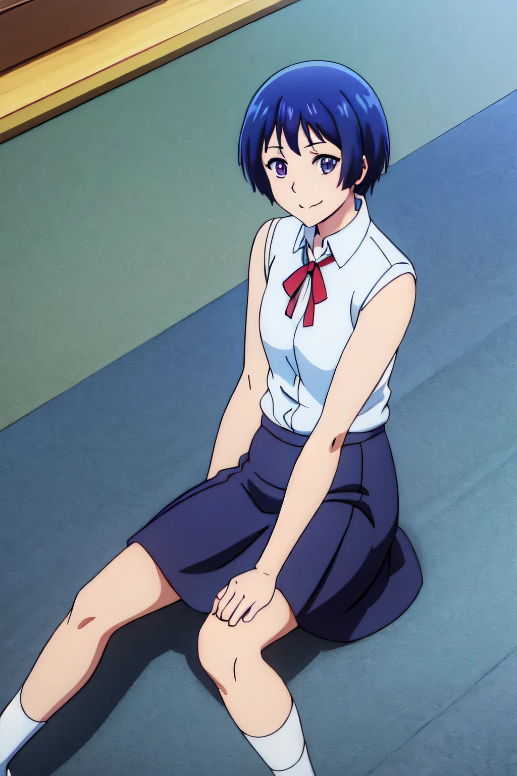 AINA YOSHIZAWA, SHORT HAIR, BLUE HAIR, (PURPLE EYES:1.1), SKIRT, SLEEVELESS, SOCKS, SHIRT, WHITE SHIRT, COLLARED SHIRT, RIBBON, NECK RIBBON, 1girl, solo, upper body, facing viewer, looking at viewer, smile,
