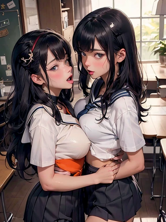 super fine illustration,masterpiece,best quality,ultra detailed,2girls,yuri,look at each other,eye contact,(sheer sailor school uniform:1.4),short sleeves,(covered nipples:1.1),breasts press against breasts,large breasts,medium hair,blush,shy,(super beatiful detailed big eyes:1.3),(beautiful gray eyes), (from above:1.2),(looking at camera :1.2),(open mouth,orgasm;1.2)