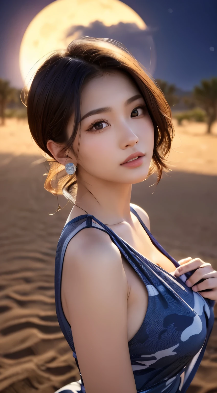 {{NSFW}},((highest quality、In 8K、master piece:1.1))、fisheye lens 、1 woman、japanese woman、Cute 20 year old woman、Cute round face、delicate and beautiful skin、human-like skin、realistic skin feel、複雑な色hair of、complicated hairstyle、gloss々hair of、Tie your hair to the side、、Forehead、two block、Sheared hair、ear length hair、Put out both ears、Looking at the camera、look at camera、raise your chin slightly、double round big eyes、super delicate eyes、super detailed face、high detailed lips、thick lips、Emphasize the face、cool woman、strong woman、Above the chest、Slender body,covered erect nipples,shiny skin,Take a full body photo、feminine toned body、Wild Lady、Beautiful moonlight in the desert at night、A night with beautiful moonlight、A woman illuminated by the moonlight、The desert at night is a quiet world、Woman looking up at the moon、the woman is in the moonlight、military clothing、military camisole、Camouflage pattern clothing、There is a mysterious woman with the moon in the background、