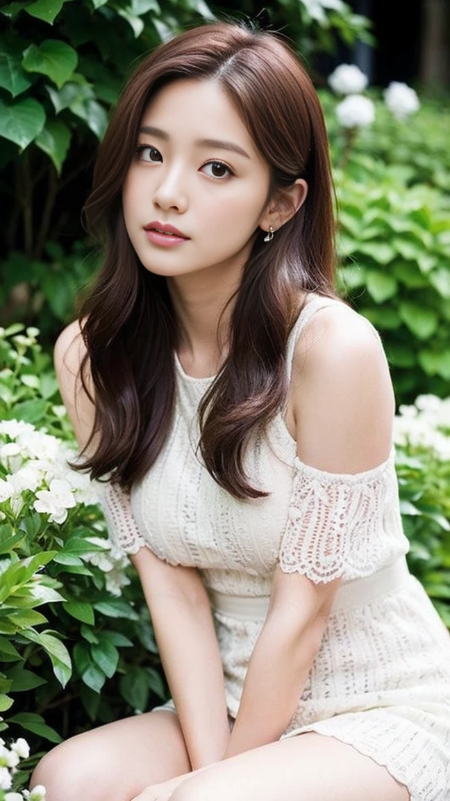 dark brown hair、light brown eyes、Japanese actress face、 lady、I'Iは彼とIが好きです'I'Iは40歳くらいです.、(intricate details:1.2)、(which one is the top?:1.4)、 (ultra high resolution:1.2)、ultra high resolution、(finely tuned)、(detailed facial features)、nffsw、8K resolution、D cup size breasts、long hair、The flower garden continues、Sitting on the floor of the flower garden and looking at me、beautiful legs、sit diagonally、Hands on the floor、White flower garden、The ground covered with white flowers、