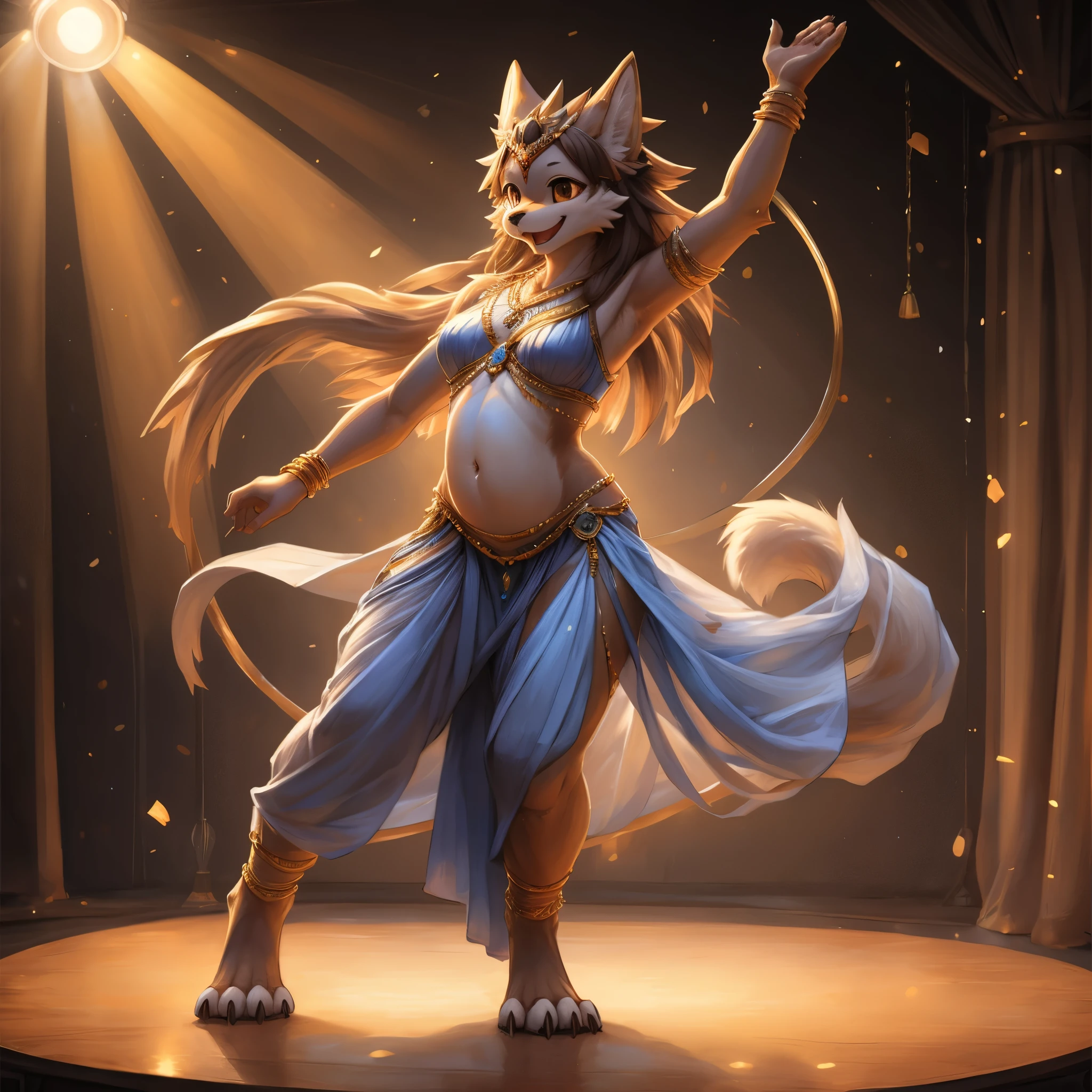 Uploaded to e621, Pixelsketcher, wamudraws, masterpiece, solo portrait, 1girl, full body, raw photo, furry, anthro, detailed fur, raytracing, detailed shading, beautiful art, Belly dancer, Raqs Sharqi, stage, Spotlight, Happy, joyful, perfect anatomy(kemono, furry anthro),