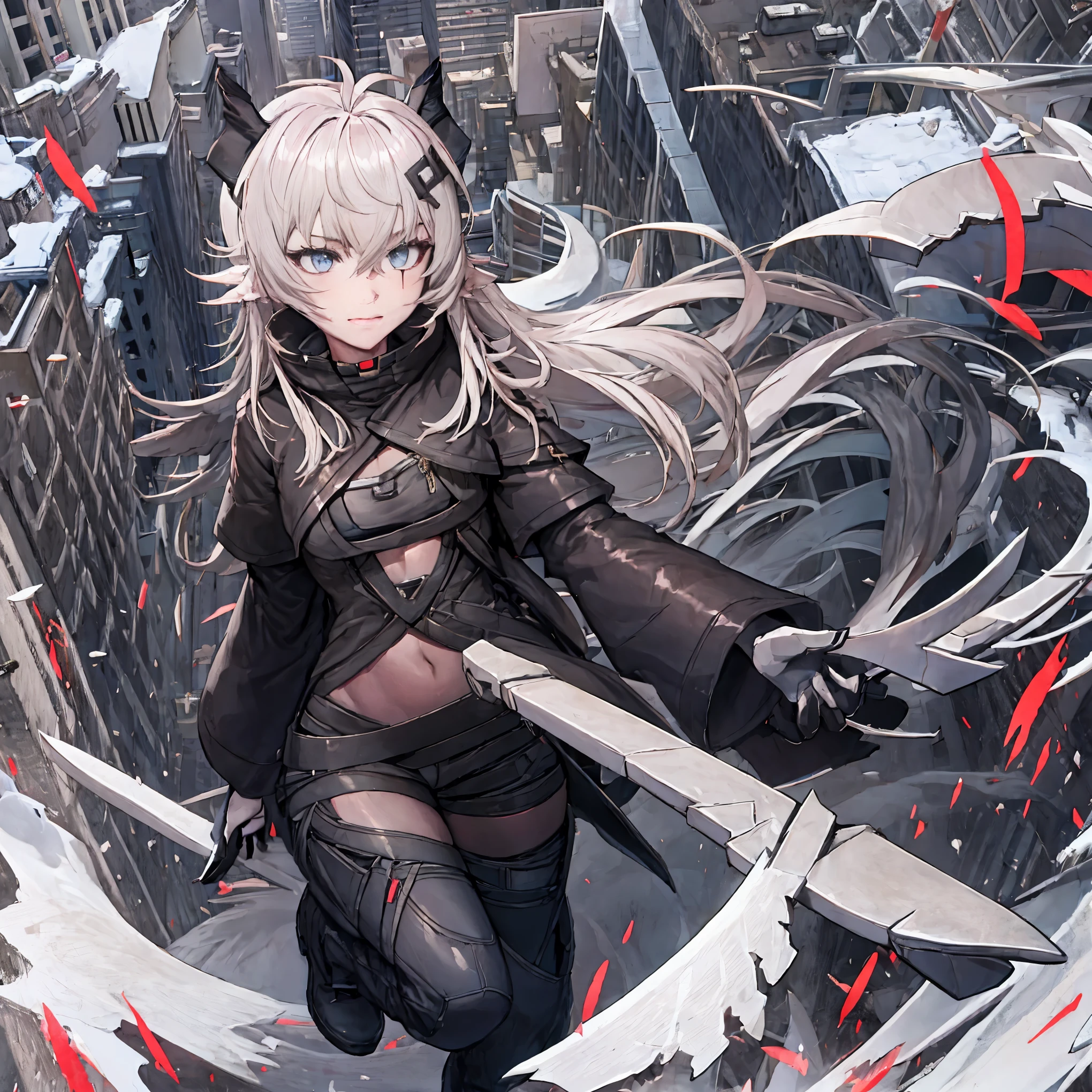 masterpiece, shoulder length white hair, female,2 white fox ears, teenage girl, body,, white scale dragon tail, military boots,black leggings, military combat pants, black T-shirt, white jacket open, medium size chest, detailed blue eyes,solo female,1 dragon tail, tomboyish, thick dragon tail, white scales, 2 dragon wings, white fluffy wings