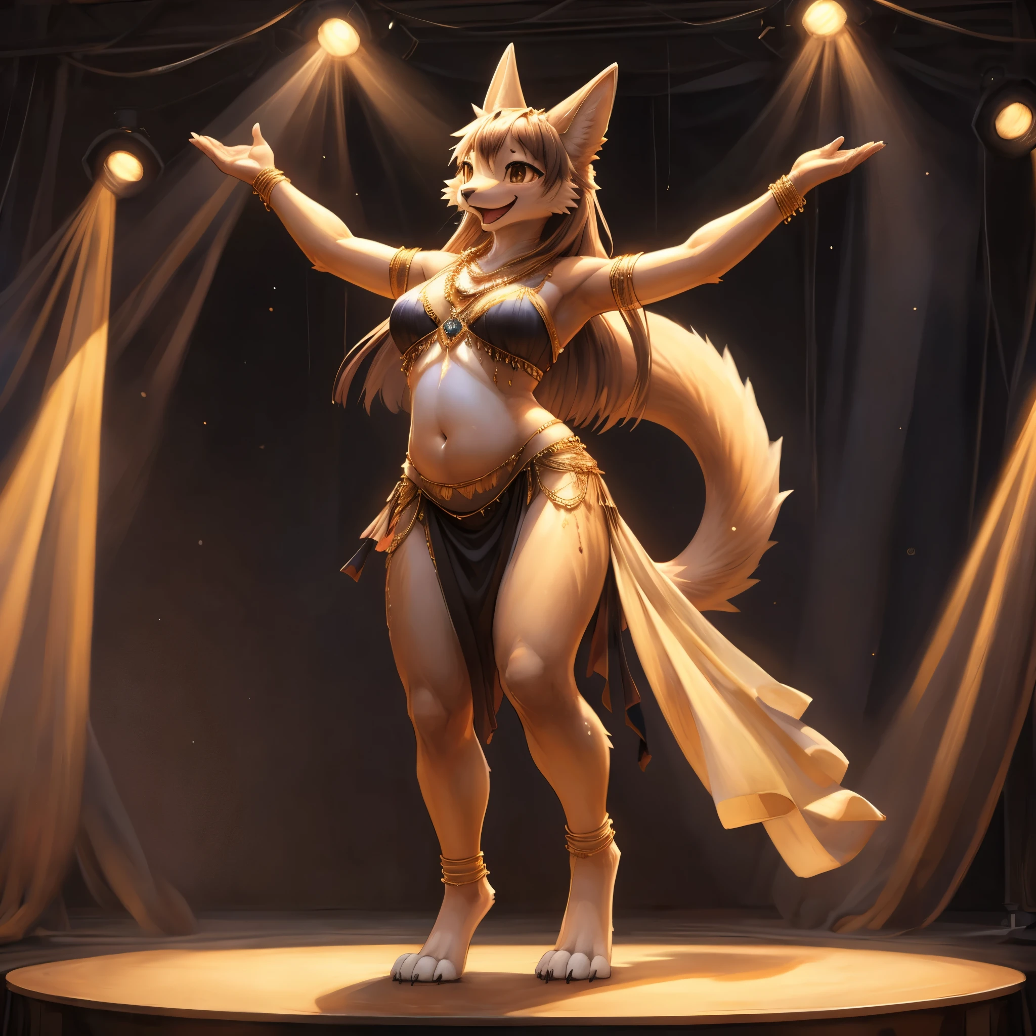 Uploaded to e621, Pixelsketcher, wamudraws, masterpiece, solo portrait, 1girl, full body, raw photo, furry, anthro, detailed fur, raytracing, detailed shading, beautiful art, Belly dancer, Raqs Sharqi, stage, Spotlight, Happy, joyful, perfect anatomy(kemono, furry anthro),