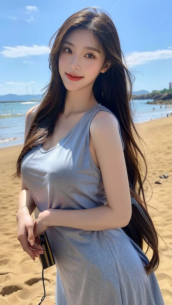 girl，single，dress，long hair，brown hair，白色dress，looking at the audience，Realistic，outdoor，beach，blue eyes，sky，ocean，lips，Upper body，Tilted head，sky空，cloud，Smile，sleevelessdress，clavicle，breast，sleeveless