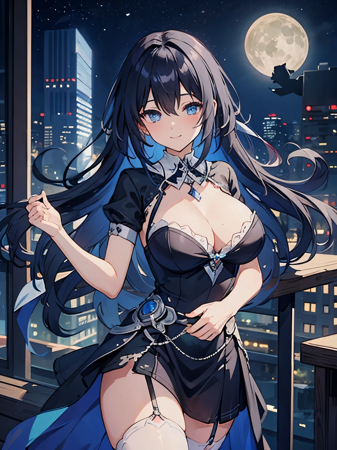 ((highest quality)), ((masterpiece)), (be familiar with), nsfw, perfect hand, black long hair with blue colored inner hair, big breasts, cute girl, smile, shy, (sexy silver dress : 1.5), standing, night city,