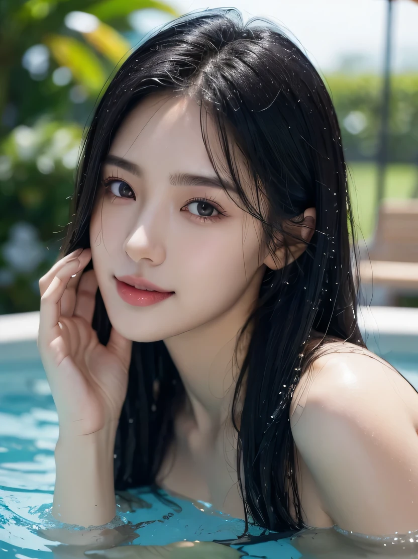 best qualtiy，tmasterpiece，超高分辨率，（realisticlying：1.4），1girll，Raised sexy，（swim wears：1.2），（Bigchest：1.5），（The upper part of the body：1.4），ssmile