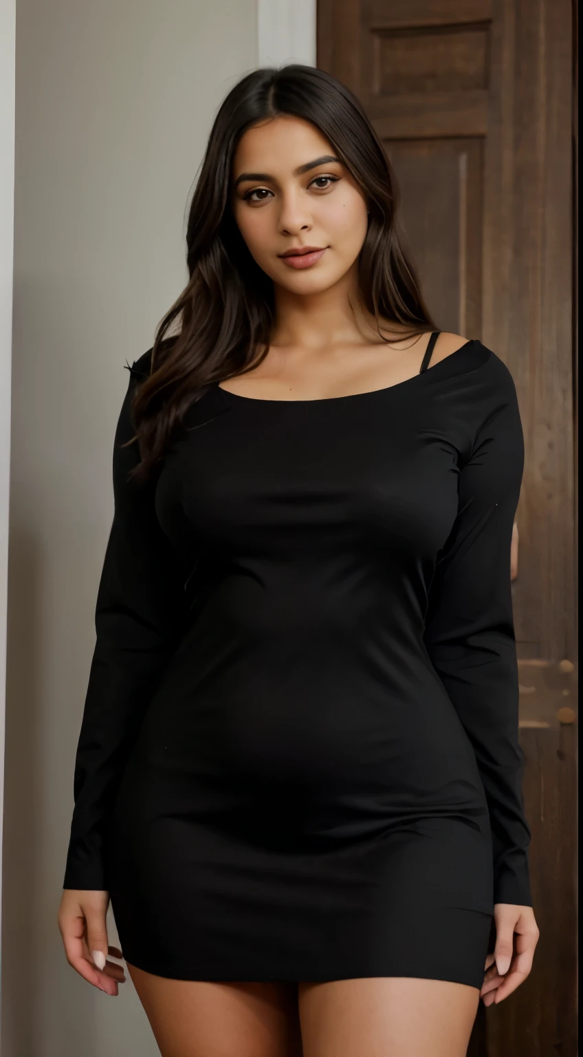 ( bien, ligeramente gordo, pechos grandes, pechos grandes, copas m, sexy, vestido negro de cuello redondo, Traje conservador, cara delicada, Gran apertura, Primer plano de las personas, latina, cabello negro, ojos grandes y marrones, foto hiper realista, calidad 8k, camera 25mm)