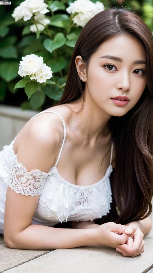 dark brown hair、light brown eyes、Japanese actress face、 lady、I'Iは彼とIが好きです'I'Iは40歳くらいです.、(intricate details:1.2)、(which one is the top?:1.4)、 (ultra high resolution:1.2)、ultra high resolution、(finely tuned)、(detailed facial features)、nffsw、8K resolution、D cup size breasts、long hair、The flower garden continues、Sitting on the floor of the flower garden and looking at me、beautiful legs、lying down、lying down、White flower garden、The ground covered with white flowers、