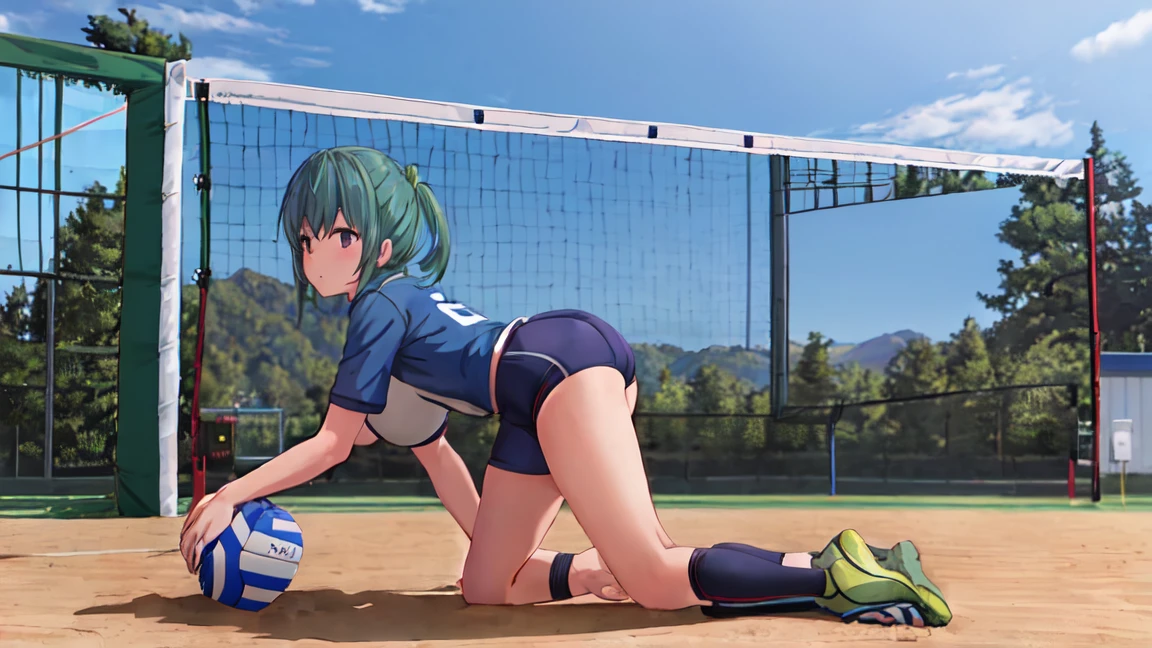 highest quality, masterpiece, High resolution, alone, {Shima_Also_yuru camp:1.15}, green_hair, purple_eye, closed_mouth, single_hair_good, hair_good, 1 girl, 前hair, blurry, blurry_background, (volleyball uniform:1.3)、(barefoot)、dark blue socks,(sports boots)、short、full body shot, crawl on all fours、back