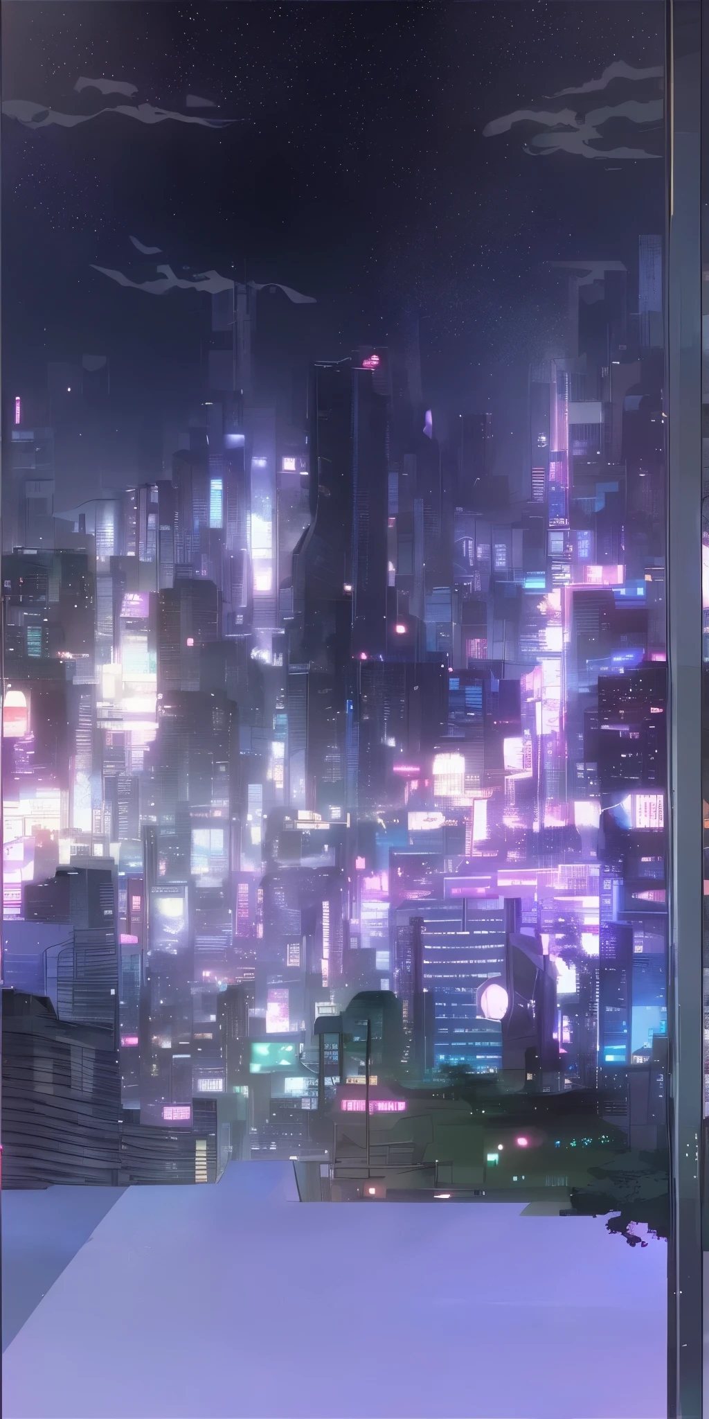 There is a photo of a cityscape,There are a lot of lights, Anime style cityscape, hd anime cityscape, neo tokyo background, purple future city, city background, Tokyo anime scene, 夜间city background, Blurry and dreamy illustration, purple cyberpunk city, epic concept art. Bokeh, Reflection. author:Xin Haicheng, The ethereal starlight city at sunset