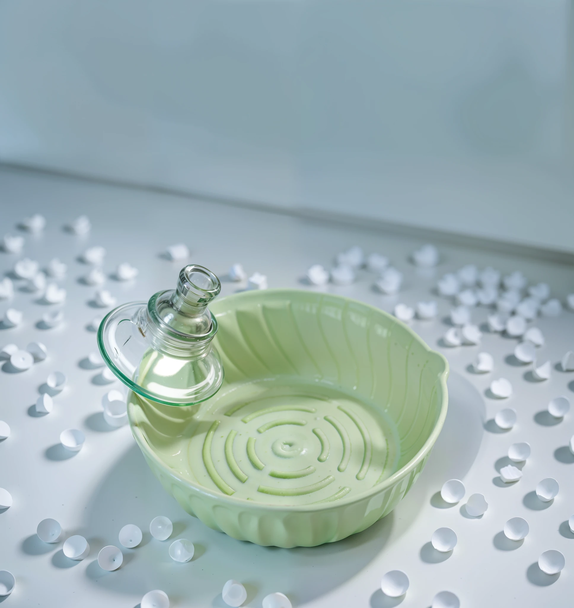 Green bowl on the table, kitchen, air fryer paper on top of the pacifier, pacifier, pacifier on the table