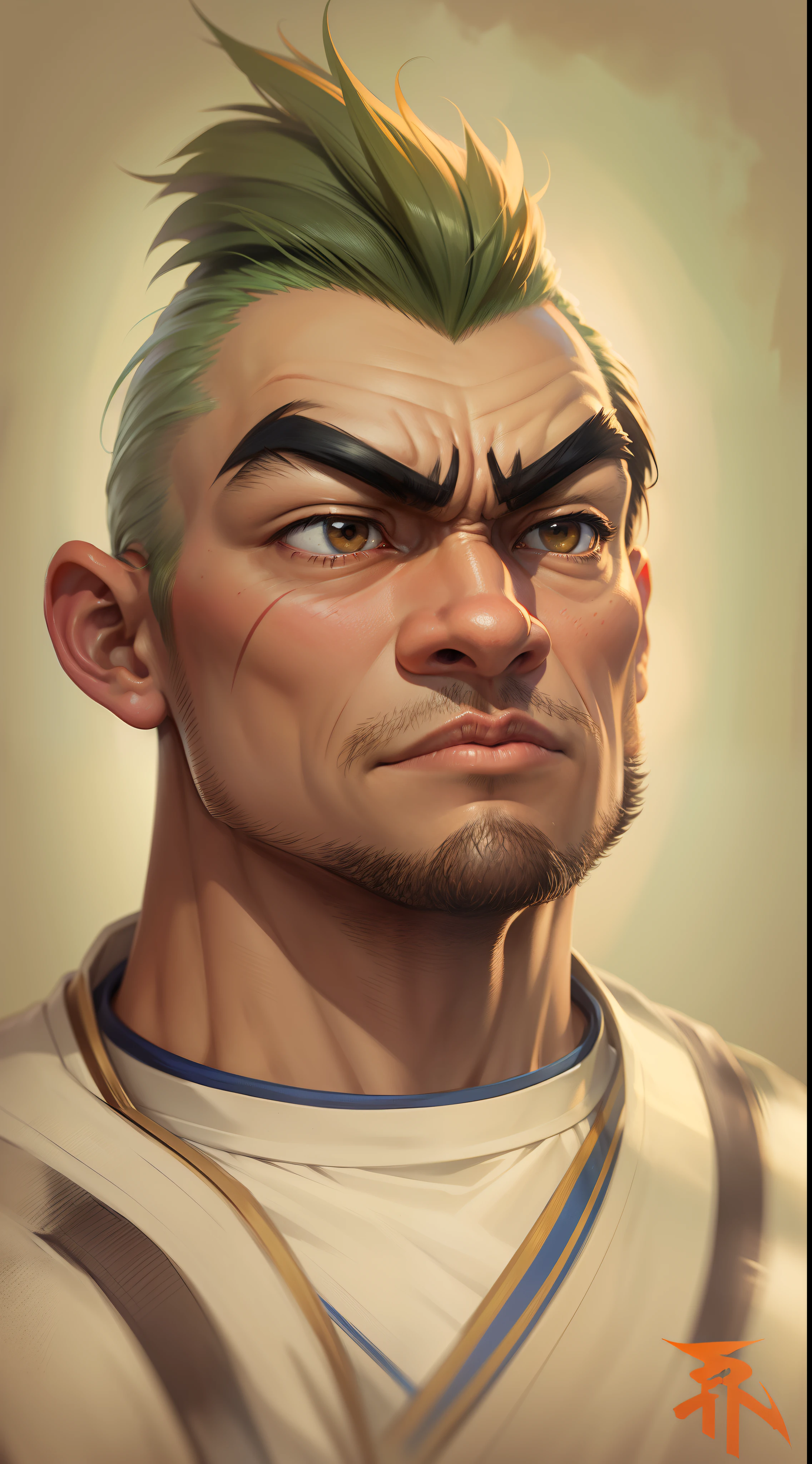 Retrato de Edmond Honda, um feroz lutador de rua, estilo pixar.