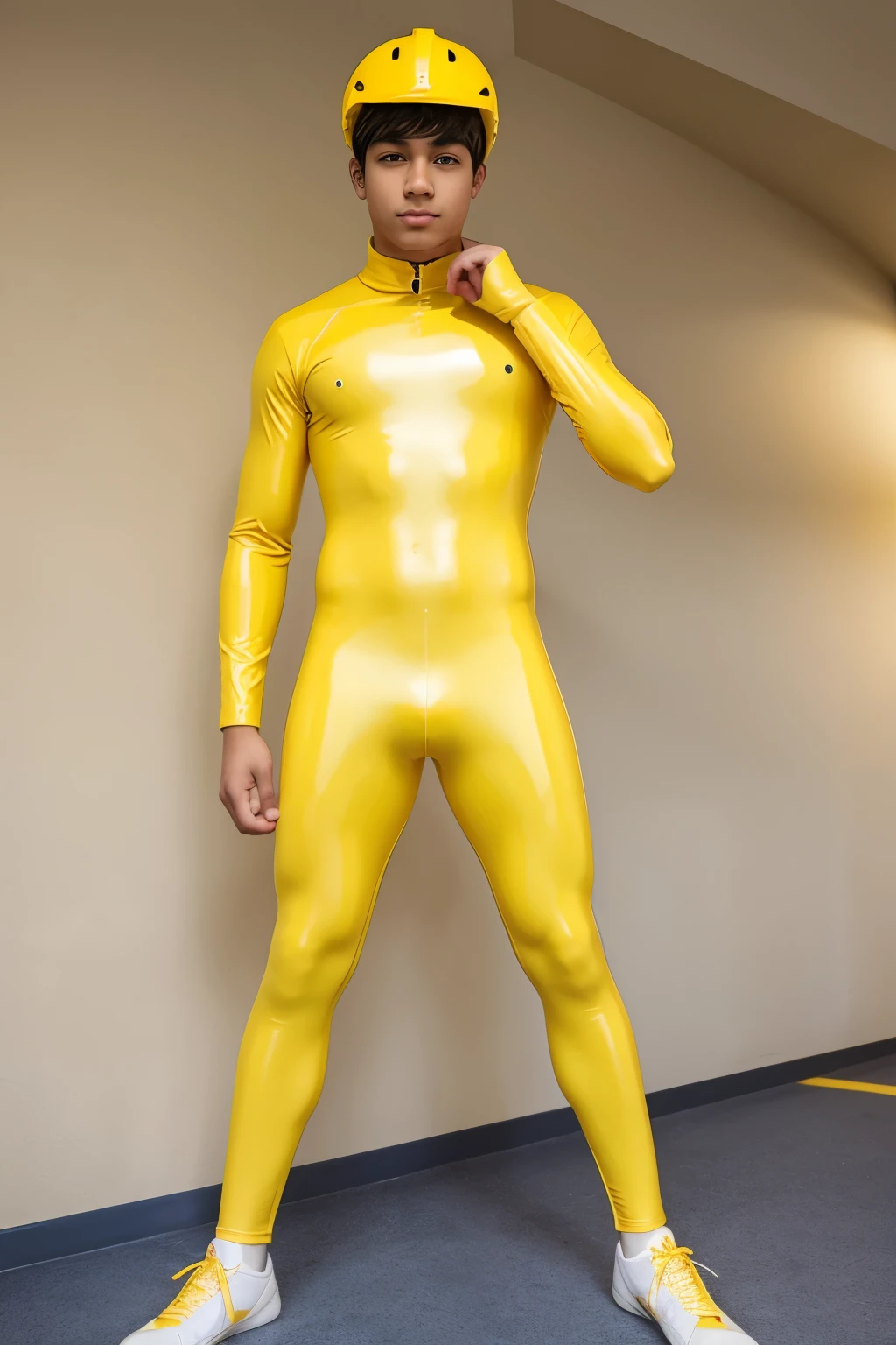 A high school boy wears a tight yellow latex catsuit and socks