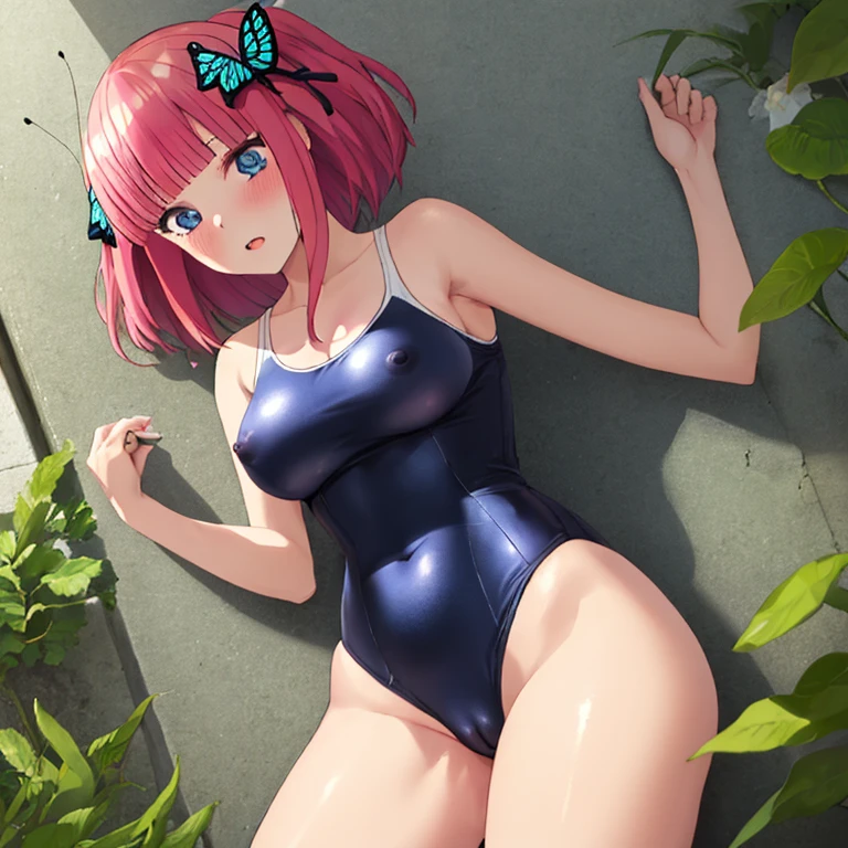 masterpiece, best quality, ultra detailed, best illustration, nsfw, 1girl, one-piece swimsuit, nakano nino, bangs, pink_hair, blunt_bangs, butterfly hair ornament, blue eyes
