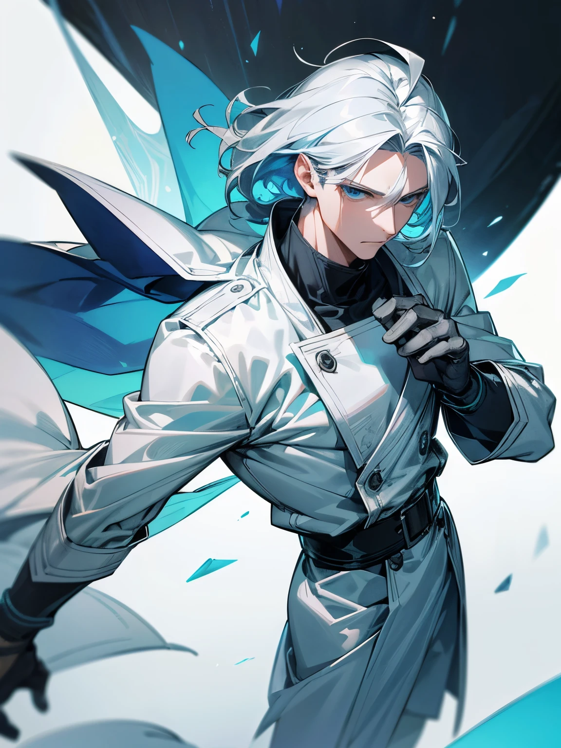 Generate an image of a tall man mature with grayish hair in icy tones, intense and vibrant blue eyes, medium straight hair, wearing a stylized white cold-weather outfit. The style of the image should be manga, with 4k resolution and ultra-realistic details, focusing on a single character.