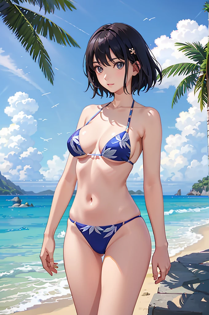 masterpiece、highest quality、masterpiece肖像画、Cinema Angle、 Beautiful adult Japanese woman、alone、20-year-old、short hair, short hair, black hair, realistic, side light, exquisite beautiful eyes, masterpiece肖像画, realistic, shining eyes, shiny hair, Glossy skin, perfect body、normal size breasts、Ethnic pattern swimwear、particles of light、light、Against the background of palm trees、on a sunny beach、sandy beach、With the sea in the background、blur background、tropical、