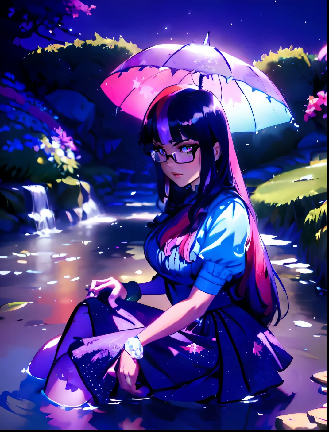 Twilight sparkle, twilight sparkle from my little pony, twilight sparkle in the form of a young woman, big breasts, lush breasts, ((threes tones of hair, indigo straight hair with purple and pink stripes)), in a garden, purple and pink flowers, solo, one character, pink and purple dress: 1.5, long sleeves, thin, purple eyes, gentle smile, beautiful detailed garden: 1.5, under a trees, jacaranda trees: 2.5, sitting on grass, lavender flowers every: 1.5, purple skirt with white stars: 1.5, so many connected ponds with lily pads and flowers on it beautiful pond: 2.0,, lily pads, lilac flowers everywhere: 2.0, extremely long hair, DUSK: 2.0, twilight time: 2.0, bright glowing purple evening sky, ethereal sky, purple thigh high, highly detailed legging, she is sitting by the ponds, reflection on water, stars, bright glowing shimmering stars, vibrant atmosphere: 1.0, breath taking scenery: 2.0, HIGHLY DETAILED LIGHTING:1.0, dramatic lighting, so much foliage, different varieties of colorful flowers all around her those flowers attract butterflies, highly detailed butterflies,