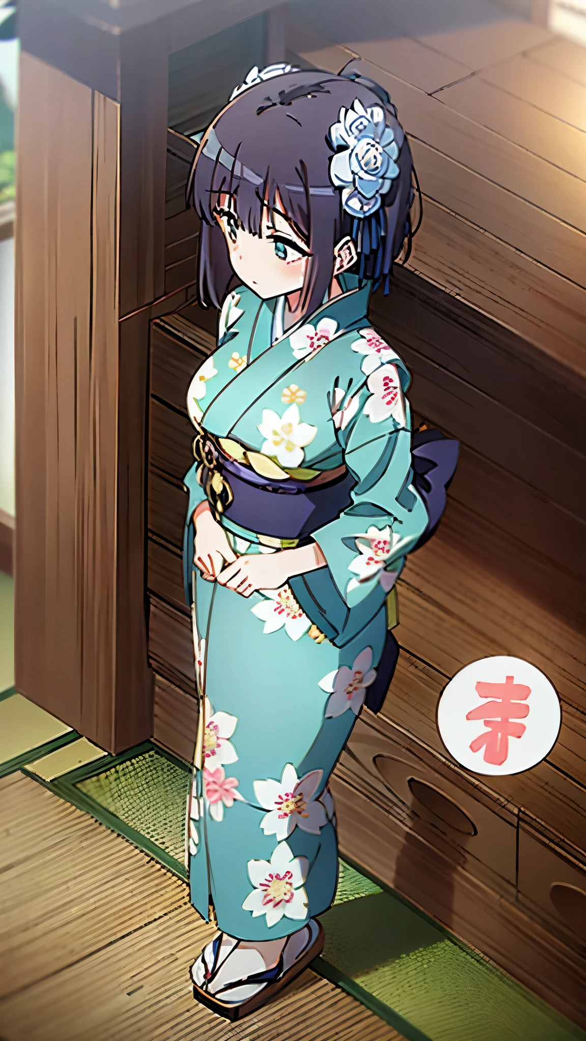 1girl, solo, from above, (white lily flowers), aesthetic, intricate, best quality, detailed background, Sayaka Miki, ((girl wearing a patterned teal kimono:1.2)), (walking in zen garden),  casual pose, detailed textures, posing, floral print, hair flower, hair ornament, japanese clothes, kimono, obi, outdoors, pagoda, petals, (teal kimono), sash, shrine, sky, stone stairs, torii, wide sleeves, yukata 