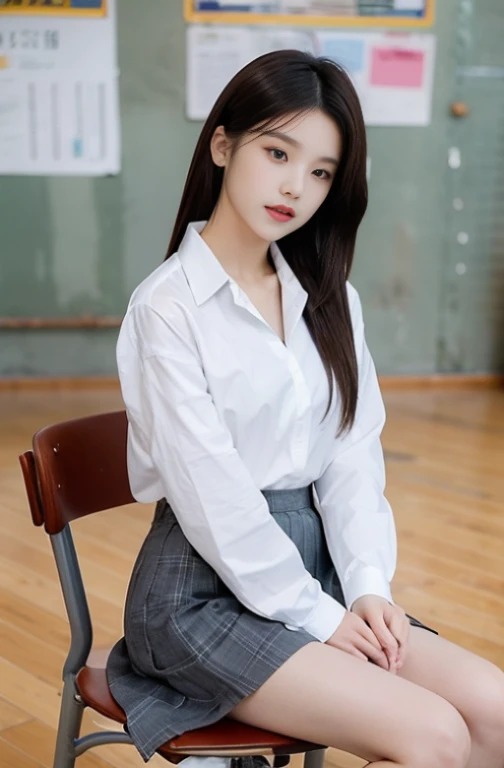 highest quality、High resolution、very detailed、masterpiece、Raw photo、realistic、photorealistic、very delicate and beautiful.、delicate details、rough skin、1 girl、alone、in a high school uniform、classroom、(body facing the camera:1.3)、(Sit on a school chair with your legs spread out to the side.:1.2)、(Show me your white panties:1.2)、dark blue jacket and plaid skirt、white shirt、tie、black loafers;her face is really beautiful.:1.5)、expensive、brown hair、(barefoot:1.1)、perfect proportions、(Do not expose your upper body)、(in sfw)