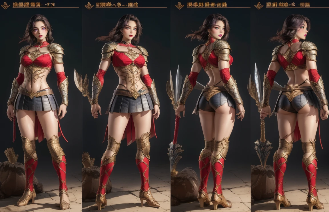 (The concept character sheet of a strong, attractive, and hot woman gladiator, full body, gladiator style, wearing gladiaror costume) (Full of details, frontal body view, back body view), Highly detailed, Depth, Many parts, ((Masterpiece, Highest quality)), 8k, Detailed face, dark short hair, angry expression. Infographic drawing. Multiple sexy poses. tattoos,3d, choker