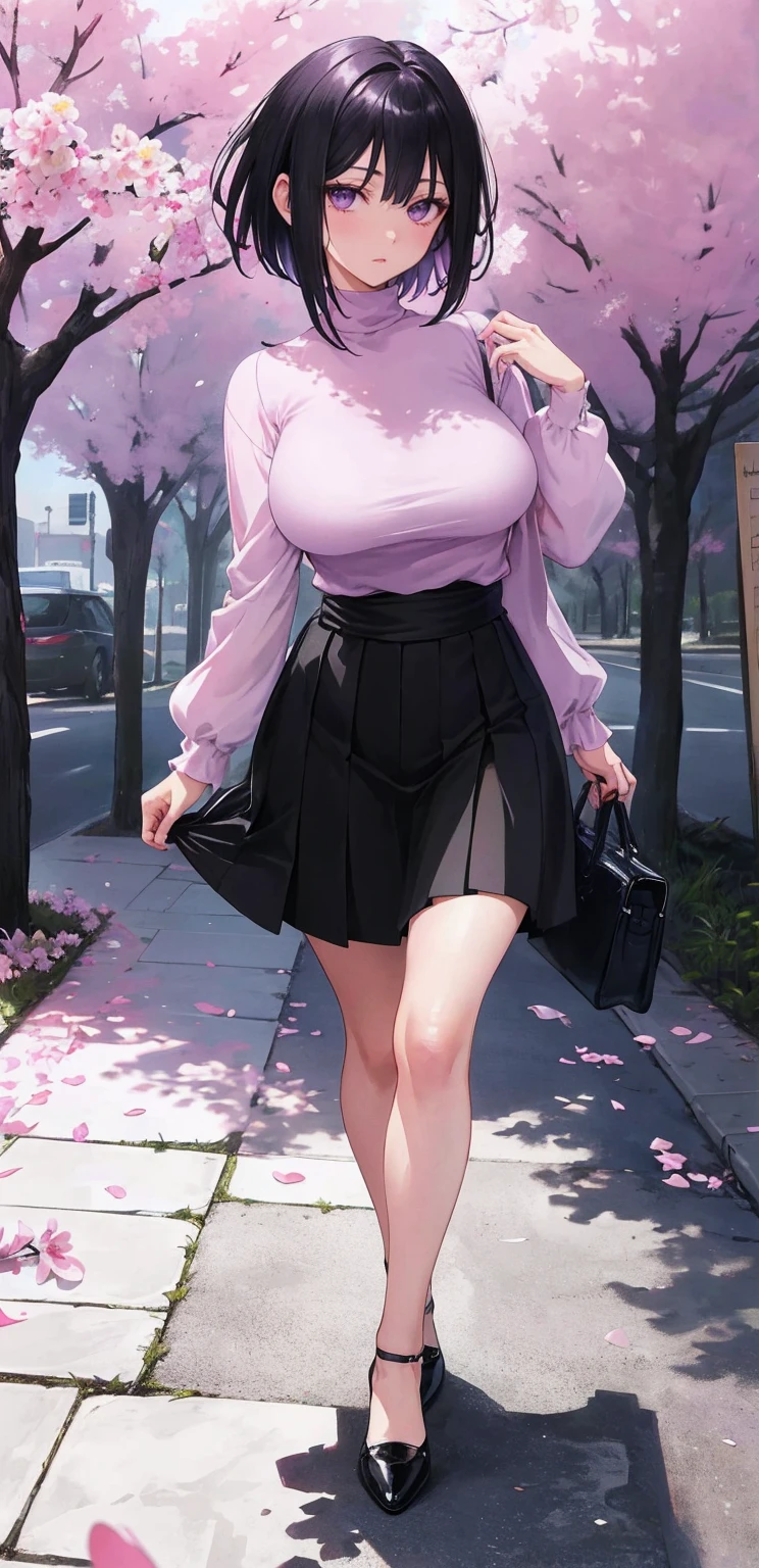 { - anatomy error} (Masterpiece - Ultra-detailed, very high resolution) (huge titusty, masterpiece, absurdres, hinata\(boruto\), 1girl, solo,mature female, lilac turtleneck blouse, waist black medium skirt, looking at viewelling petals), perfect composition, detailed lips, big breast, beautiful face, body propotion, blush, (pink lips), short hair, (black hair), purple eyes, soft gaze, super realistic, detailed, photoshoot, realistic face and body, closed mouth, lilac eyes, full body, standing, walking on the floor, black shoes, showing black shoes, perfect fingers