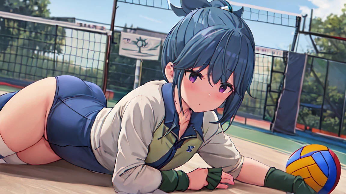 highest quality, masterpiece, High resolution, alone, {Shima_Also_yuru camp:1.15}, green_hair, purple_eye, closed_mouth, single_hair_good, hair_good, 1 girl, 前hair, blurry, blurry_background, (volleyball uniform:1.3)、(barefoot)、dark blue socks,(sports boots)、short、full body shot, crawl on all fours、back