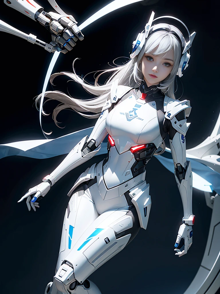 A silver-white mech that emits red and blue light、Robotic arm、Mechanical helmets、A girl with a delicate face,Best picture quality,The facial features are delicate and clear。