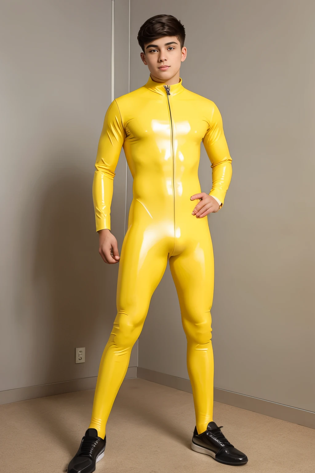 A high school boy wears a tight yellow latex catsuit and socks