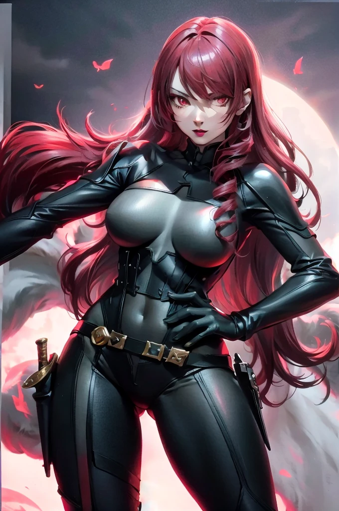 a woman with red lipstick has armor on and is holding a sword, kirijou mitsuru, 1girl, solo, hair over one eye, long hair, (((red hair))), (((red eyes))), weapon, rapier, sword, bodysuit, black bodysuit, grey bodysuit, hand on hip, (((large breasts))), simple background, white background, (purple theme:1.2)