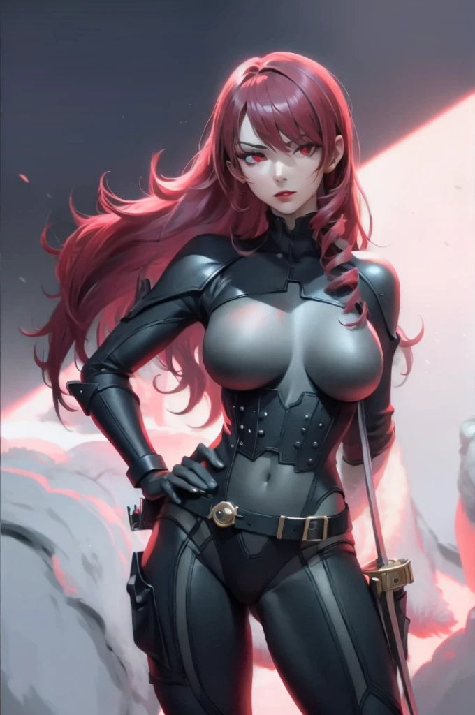 a woman with red lipstick has armor on and is holding a sword, kirijou mitsuru, 1girl, solo, hair over one eye, long hair, (((red hair))), (((red eyes))), weapon, rapier, sword, bodysuit, black bodysuit, grey bodysuit, hand on hip, (((large breasts))), simple background, white background, (purple theme:1.2)