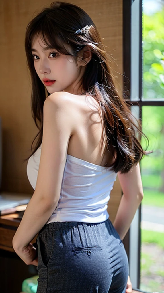 8K, Highest quality, masterpiece, Ultra-high resolution, (Realistic:1.4), whole body、RAW Photos, ((Long brown straight hair, See-through bangs))), Beautiful Details 1 Girl, (Realistic:1.4), High-resolution RAW color photos, Professional photos, Highly detailed eyes and face, Natural light, Facial details, White skin, Shiny skin, Tight waist, Small Ass, Thin legs,Natural Breasts, Nice body, Cafeteria counter、((White strapless shirt、Navy blue mini pleated skirt 、Wearing glasses))、Young round face、、Shooting from the side、Bare crotch