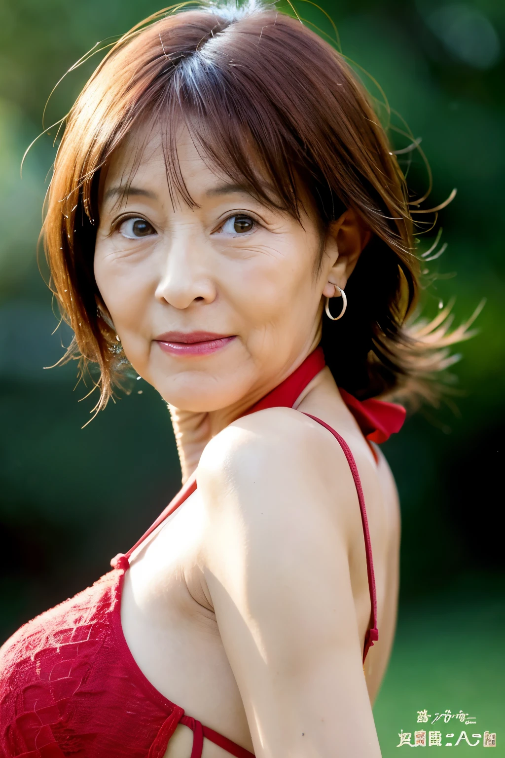 ((highest quality)),, perfect face,red thong figure,stick out your butt,70 years old,Japanese,mature woman