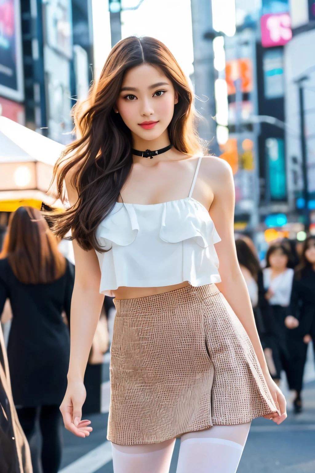 Early 20s,Height around 150cm,body shape(Slender,beautiful fair legs,Well-defined body,realボディ,Glamour),facial features(Brownい瞳,Plump cheeks,beautiful eyes,long eyelashes,real,Realisticな,detailed and soft),posture(model standing,relaxing),clothing(Latest Fashion,Soft impression,Shibuya,Akihabara,Osaka,Trend Fashion),accessories,long hair,street snap,Asian(Japan,South Korea,China,Indiaネシア,India,Philippines),lovely,pumps,Long and beautiful legs,full body shot,Realistic,portrait,flare skirt,layered top,cropped top,beautiful girl, Brown_eye,casual fashion,,realフェイス,natural makeup,Enlarge your bust,4K,live-action,real写真,pastel colour,Neon color,Tights as an accent
