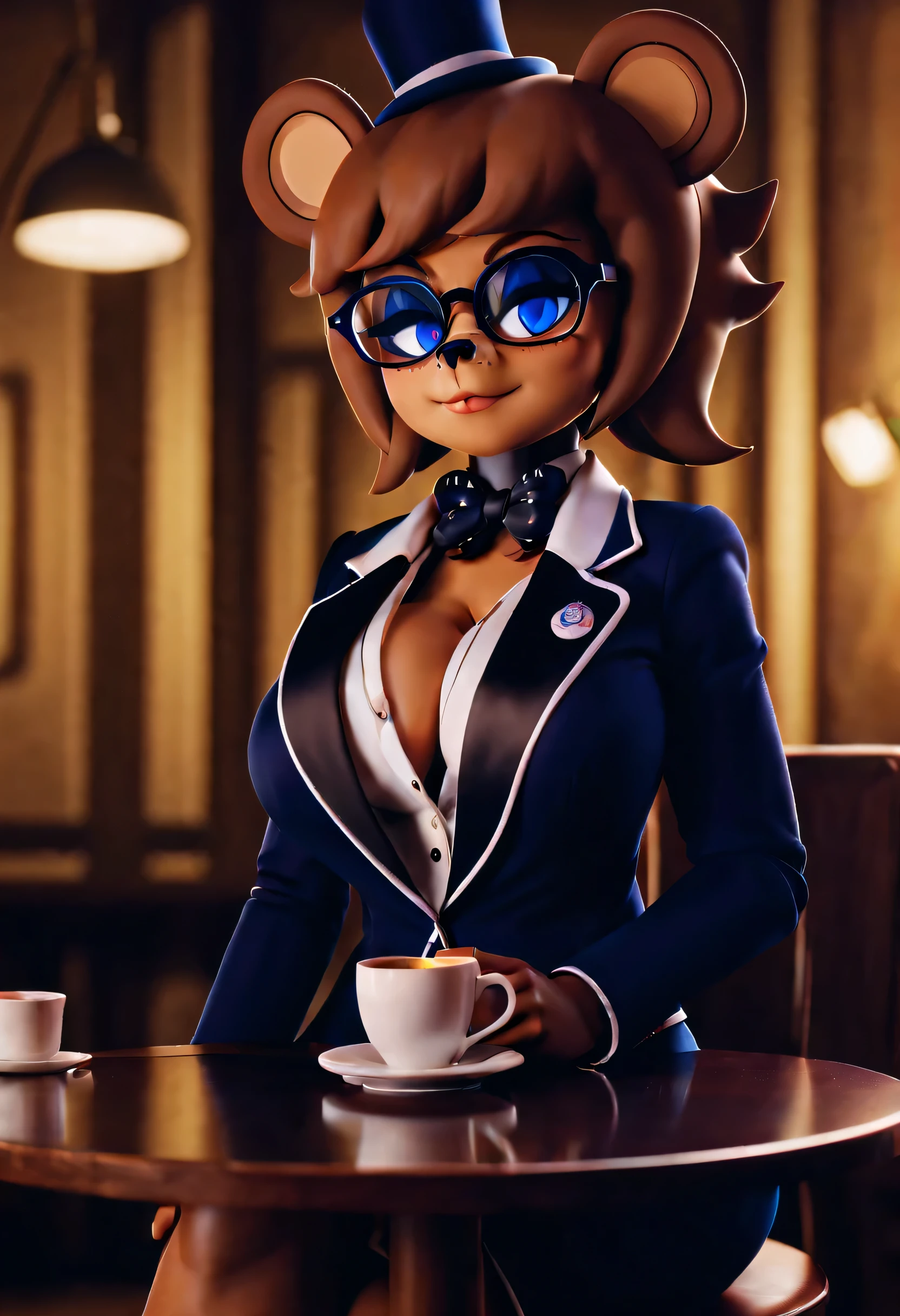 (best quality, masterpiece1.2), 1girl, solo, anthro, cally3d, fredina, bear ears, bear nose, blue eyeliner, sexy black blazer, sexy, detailed, extreme detail, perfect lighting, 4k, ultra-fine painting, vivid colors, drinking coffee, glasses, sitting across table 