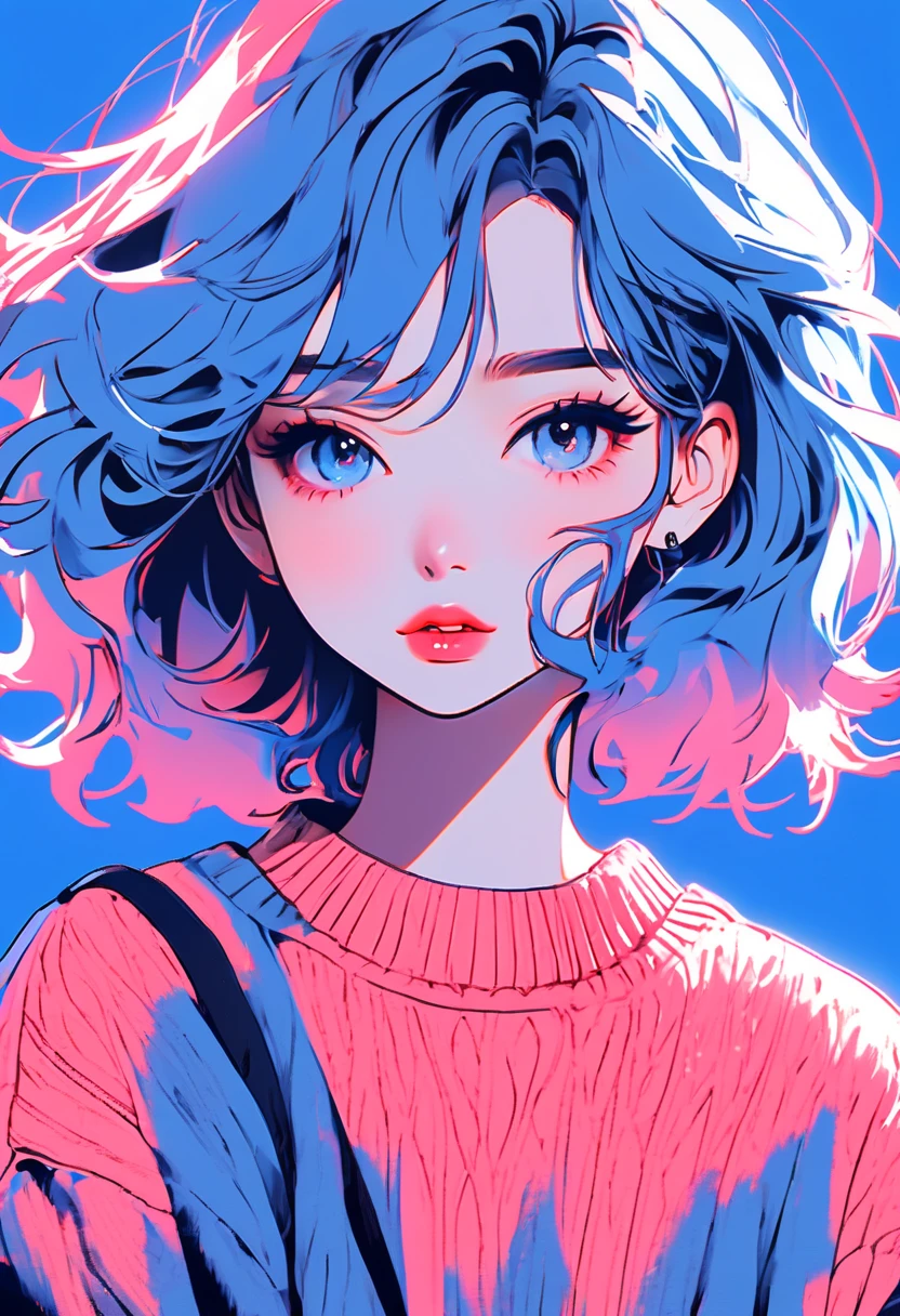 illustration style, anime , realistic ,sketch , 1 girl, ,lip, sweater,order, Blue gradient background, Neon Hair,textured crop, Canadian, (masterpiece,highest quality)